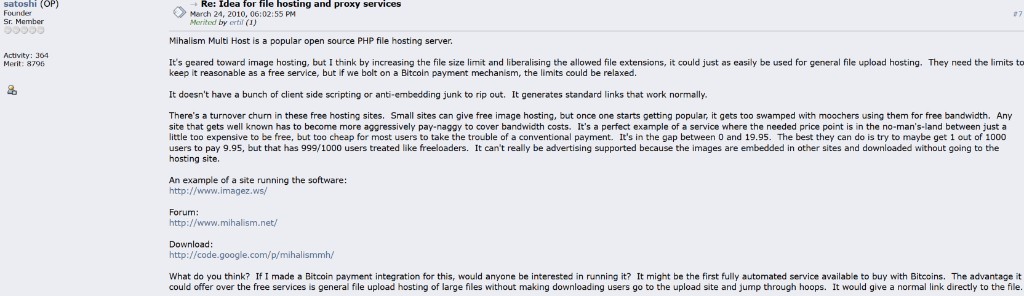Satoshi Nakamoto's original post on Bitcointalk